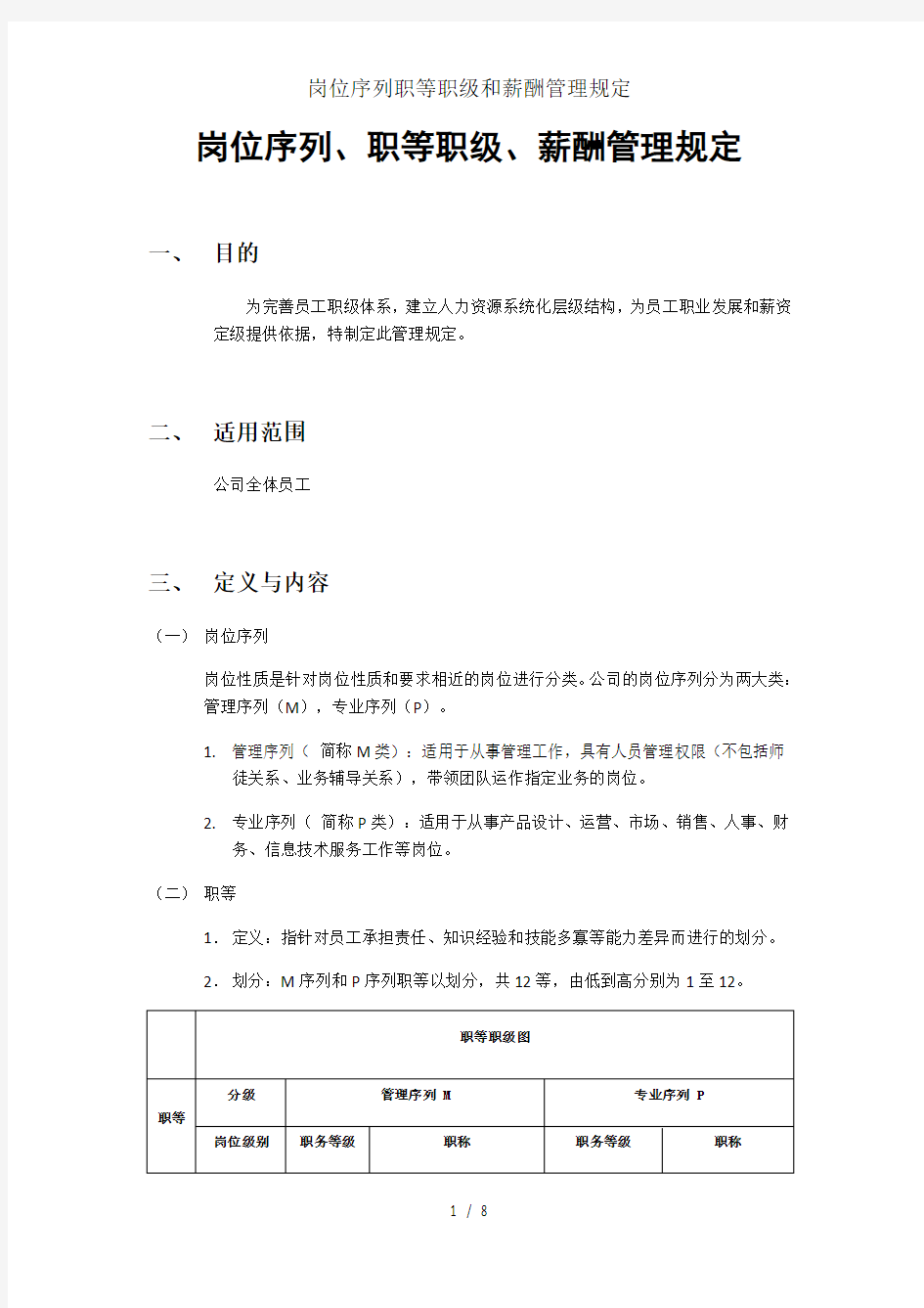 岗位序列职等职级和薪酬管理规定