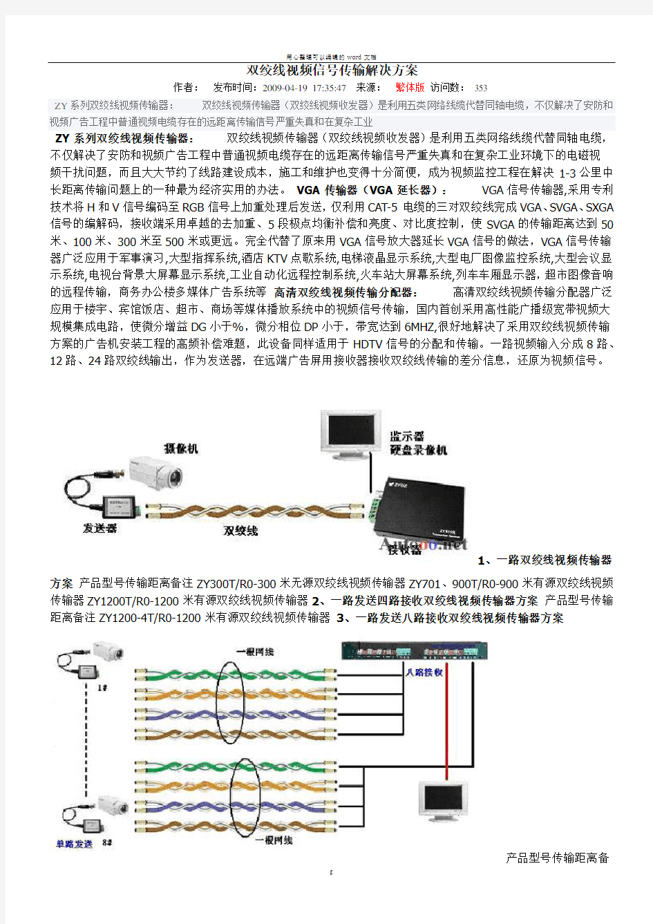 双绞线视频信号传输解决方案