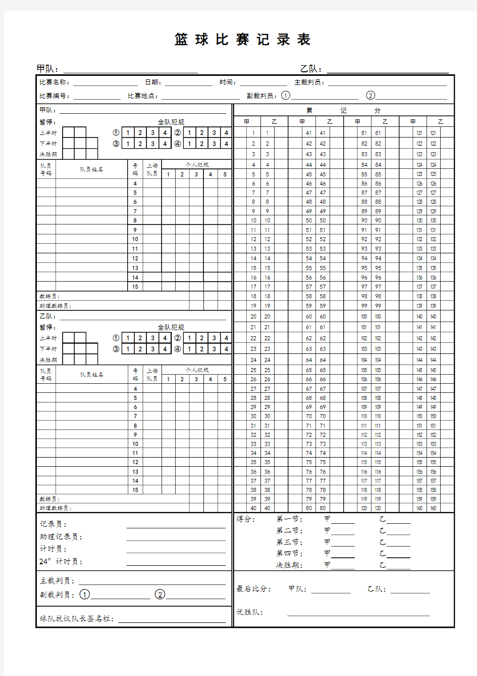 篮球比赛记录表模板