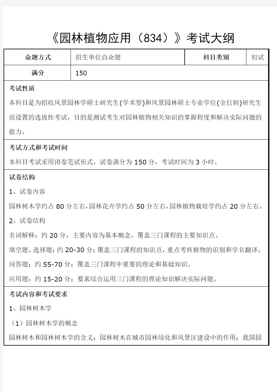 华南农业大学-2018年-硕士研究生入学-《园林植物应用(834)》考试大纲