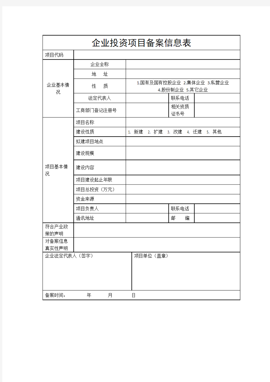 企业投资项目备案信息表