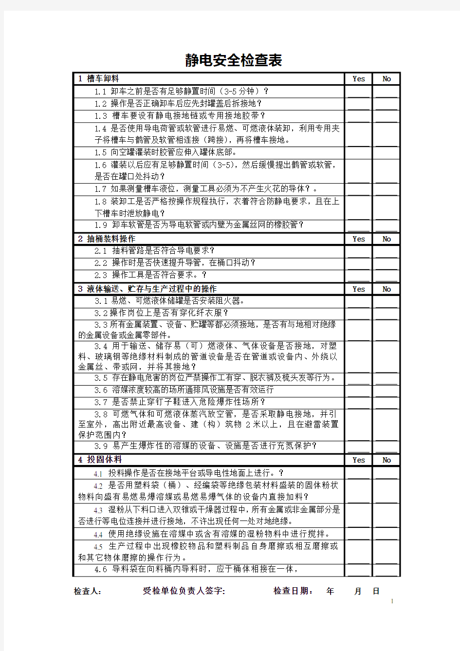 静电安全检查表