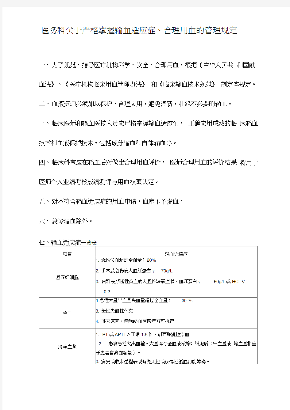 医务科关于严格掌握输血适应症合理用血的管理规定