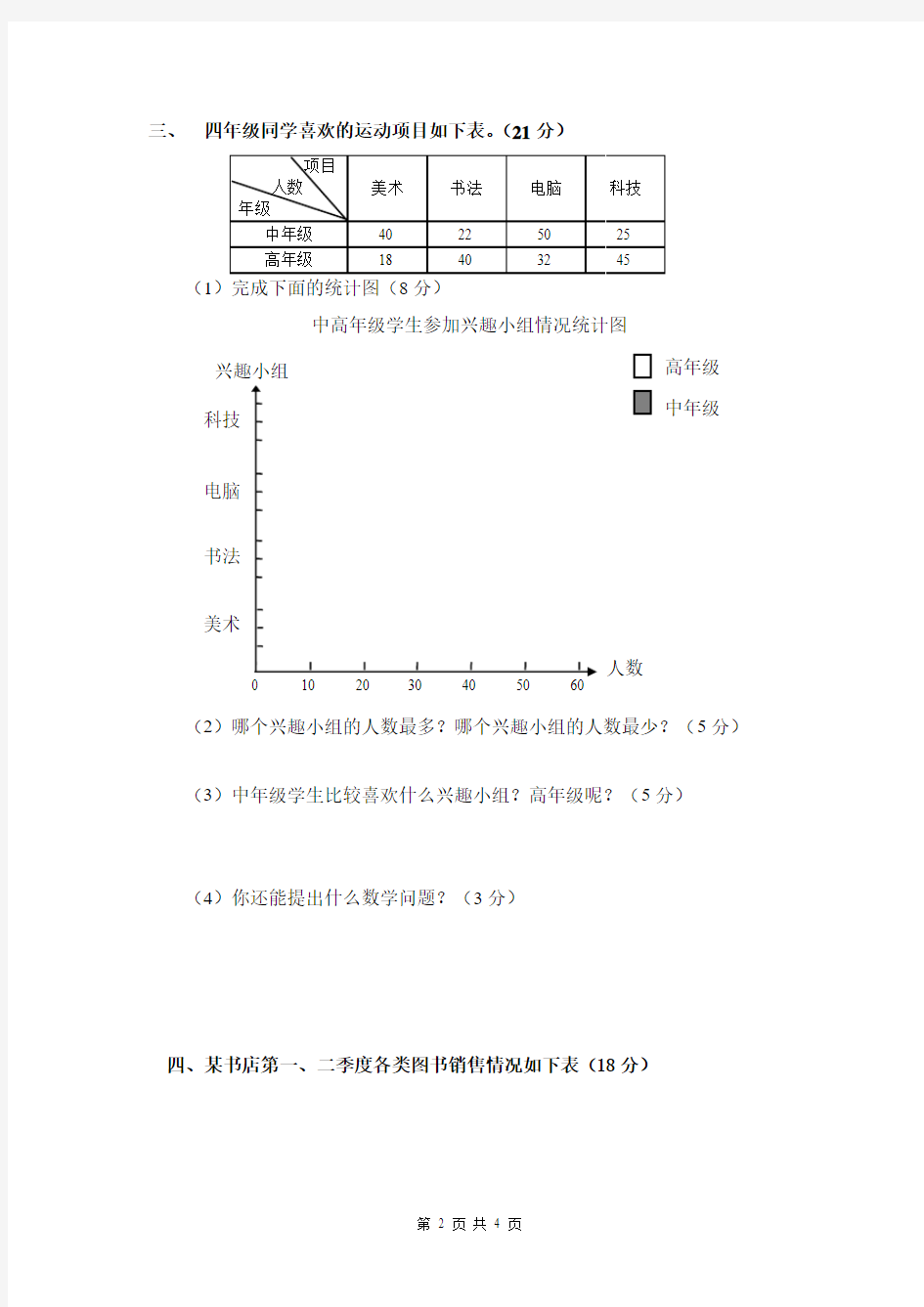 人教版四年级数学上册统计复习题