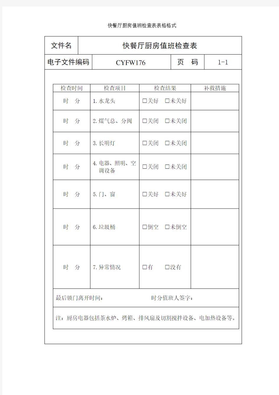 快餐厅厨房值班检查表表格格式