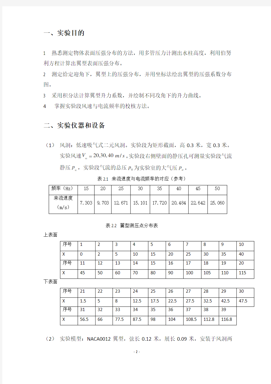 空气动力学翼型压强分布测量与气动特性分析实验报告