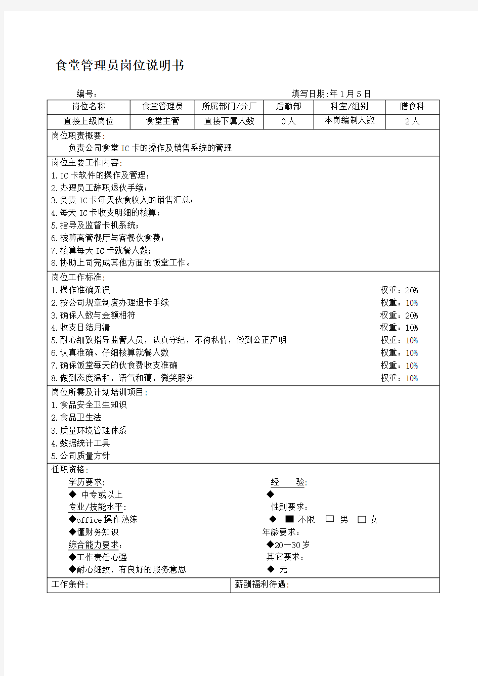 食堂管理员岗位说明书