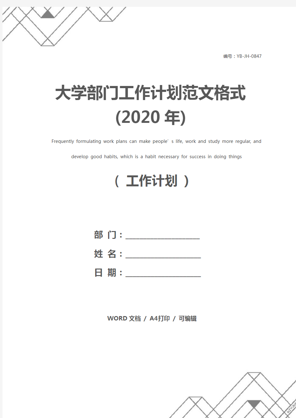 大学部门工作计划范文格式(2020年)