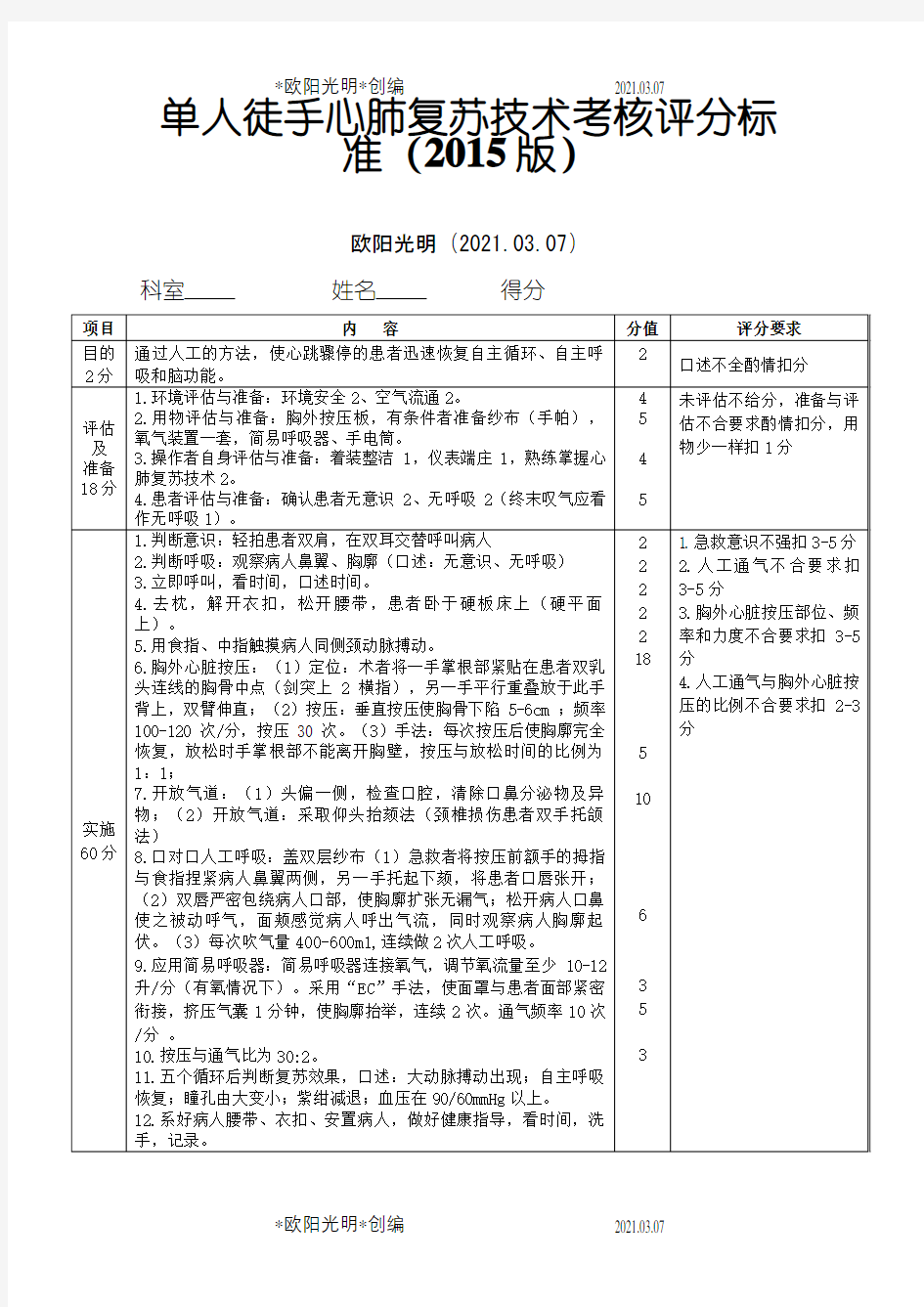 2021年单人徒手心肺复苏技术考核评分标准(版)