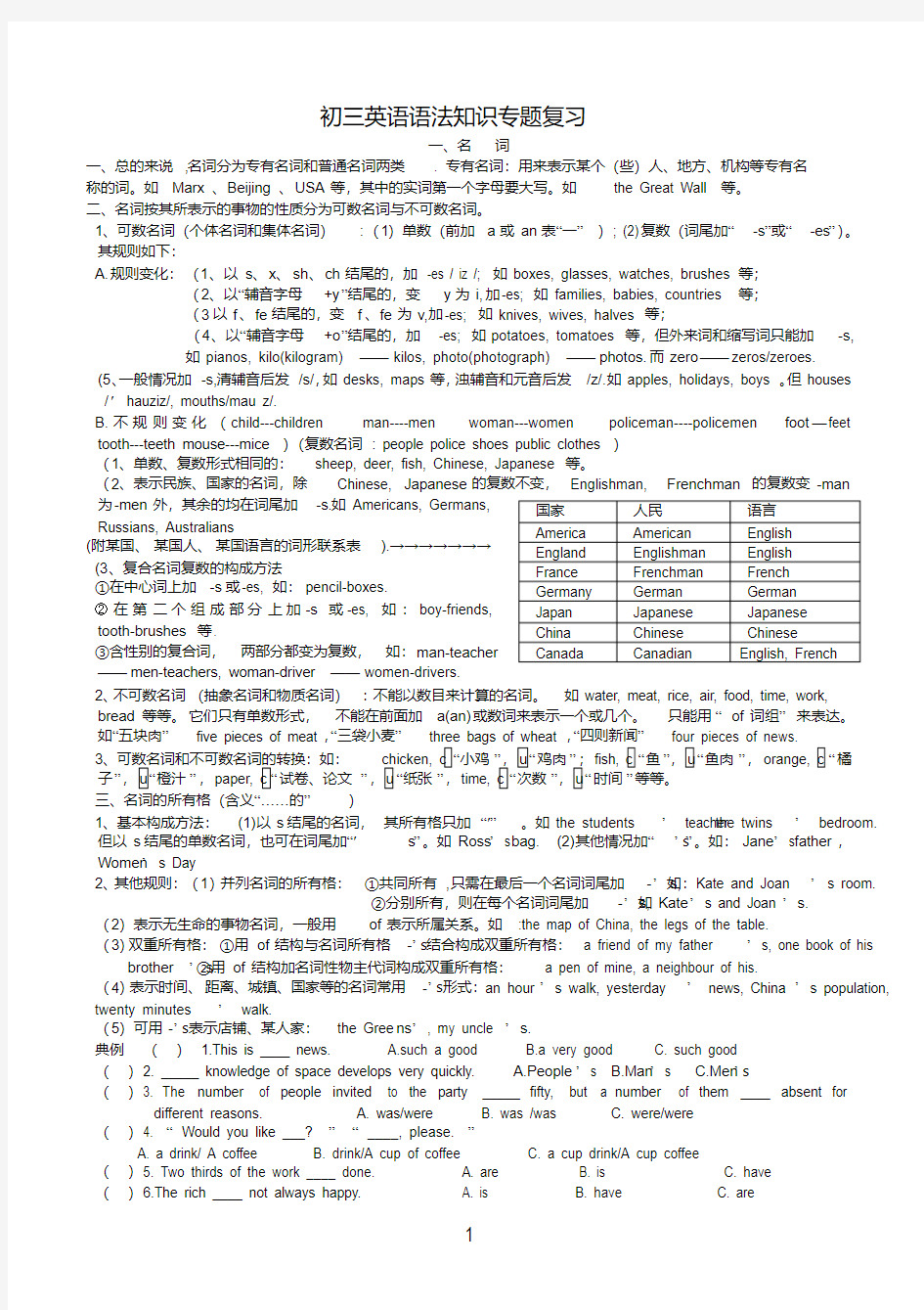 初三英语语法知识复习