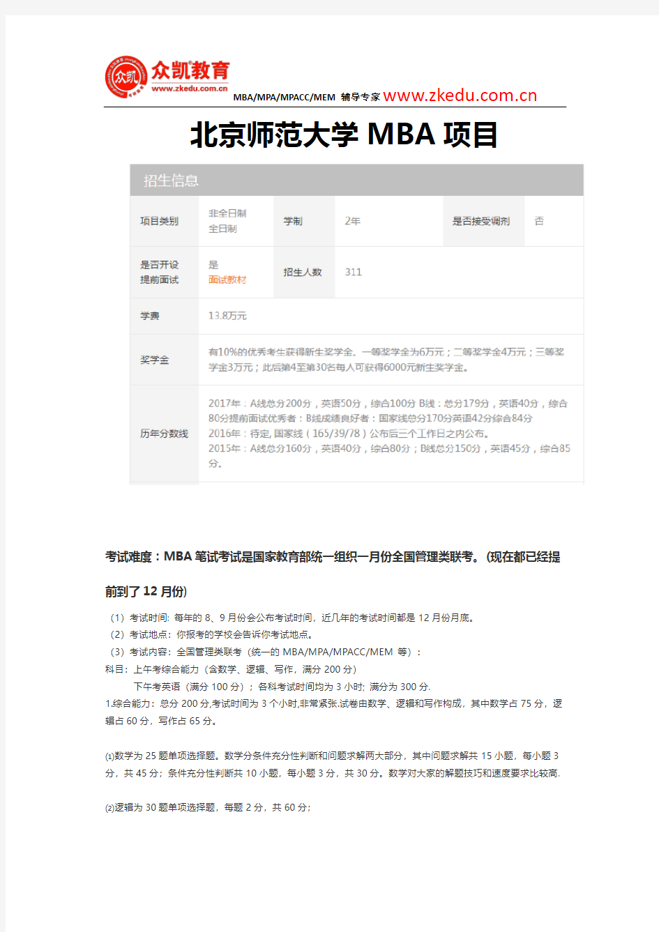 北京师范大学MBA项目分数线及考试难度