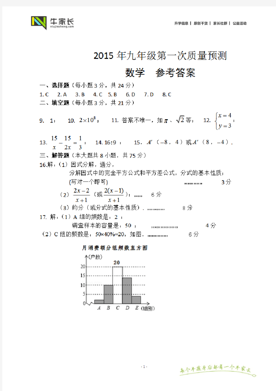 2015年九年级数学一模答案