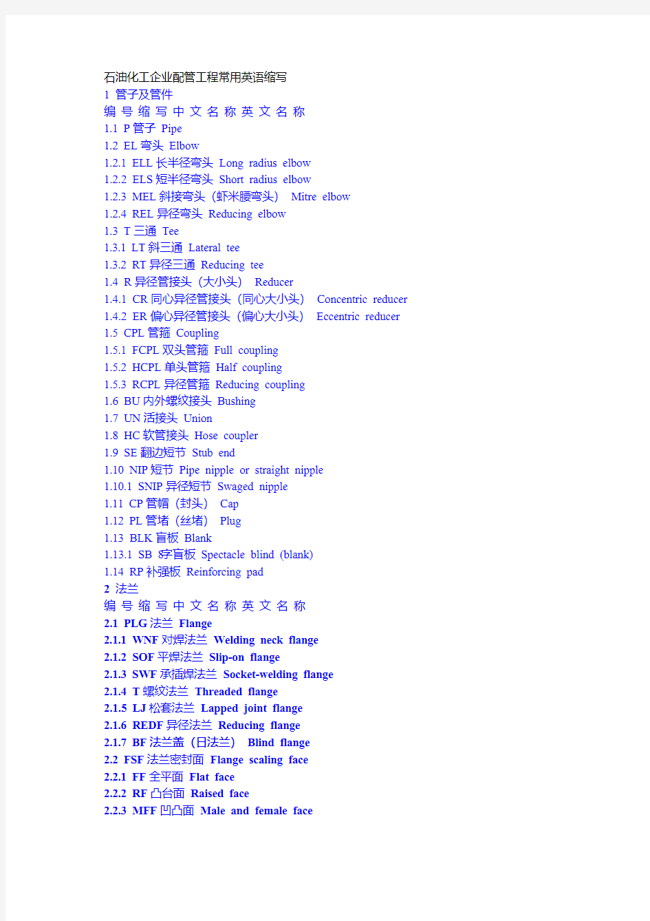 石油化工企业配管工程常用英语缩写