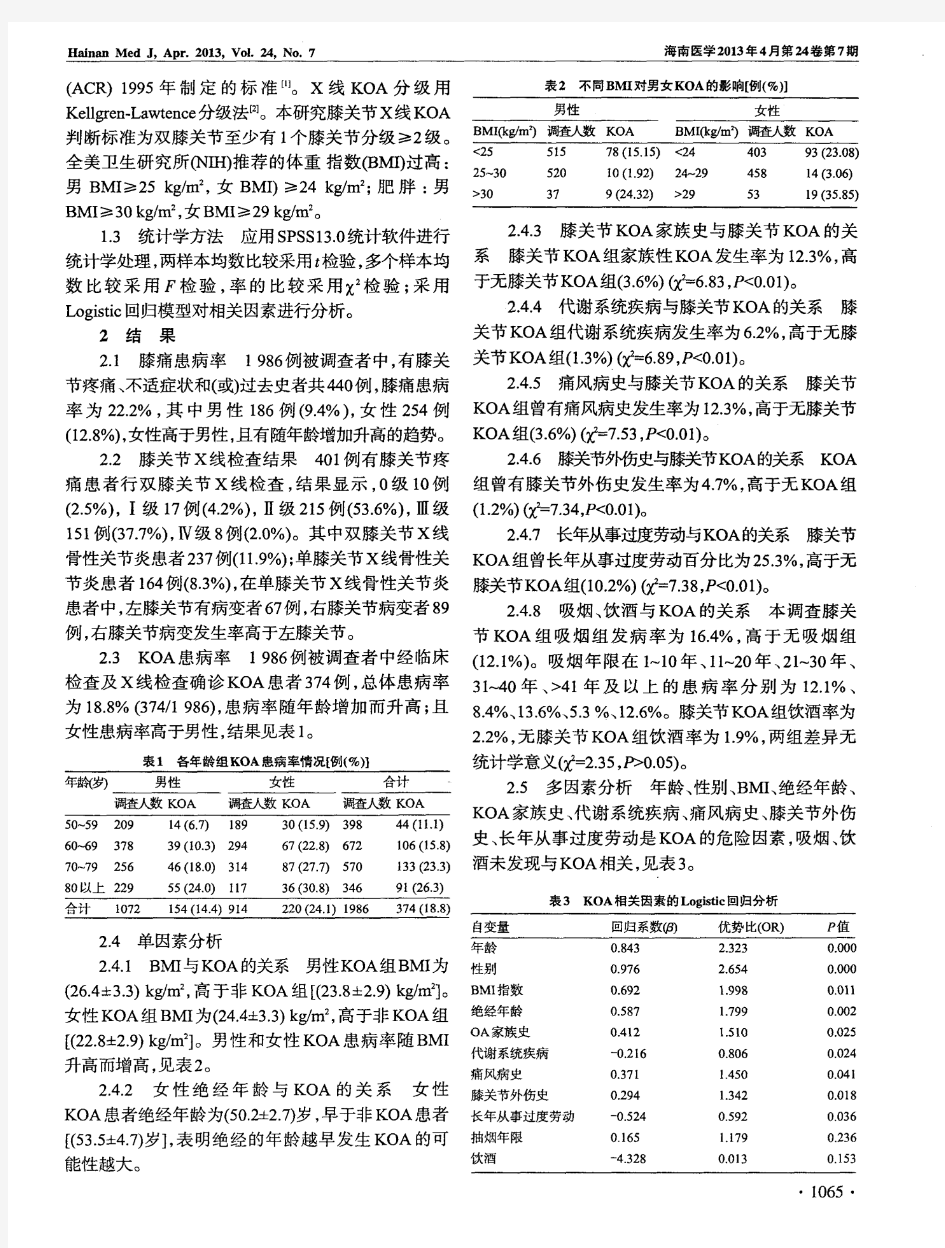 社区居民膝关节骨性关节炎流行病学调查分析