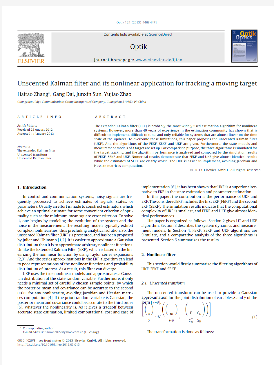 Unscented Kalman filter and its nonlinear application for tracking a moving target