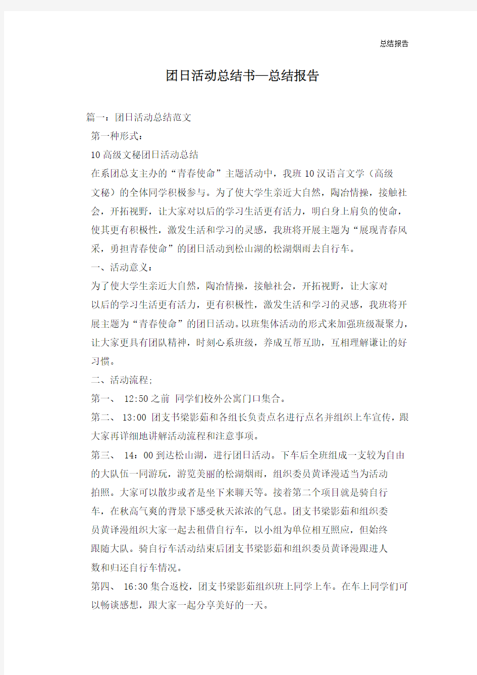 团日活动总结书—总结报告