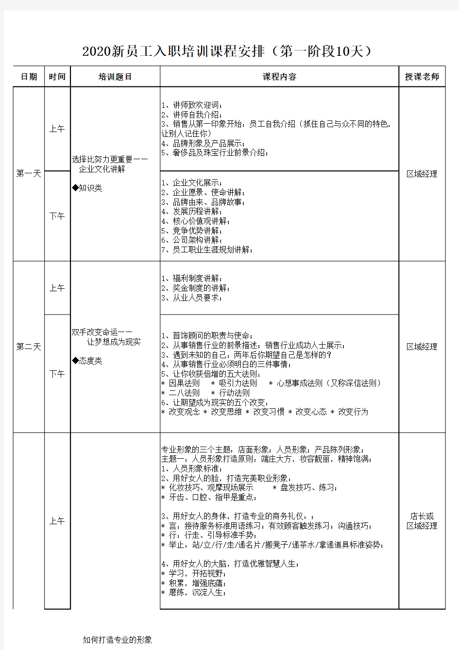 新员工入职培训课程表(确定版)