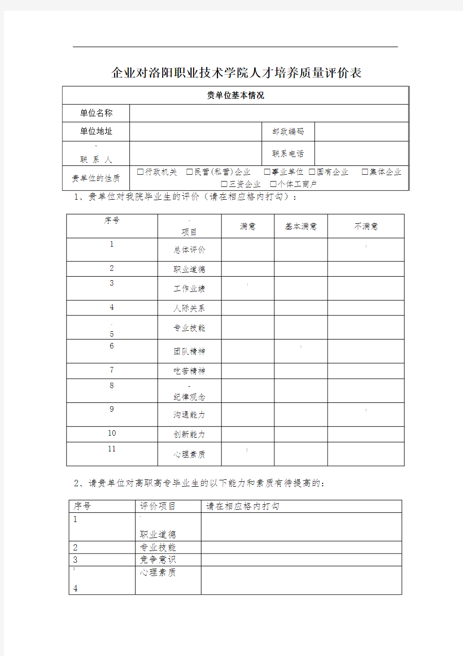 企业对人才培养评价表