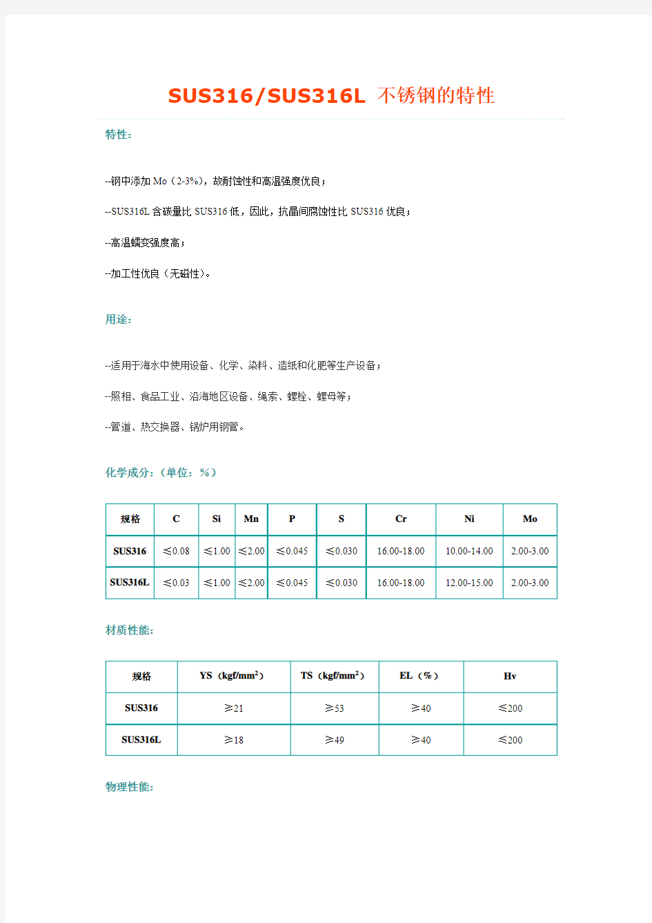 SUS316-SUS316L不锈钢的特性.