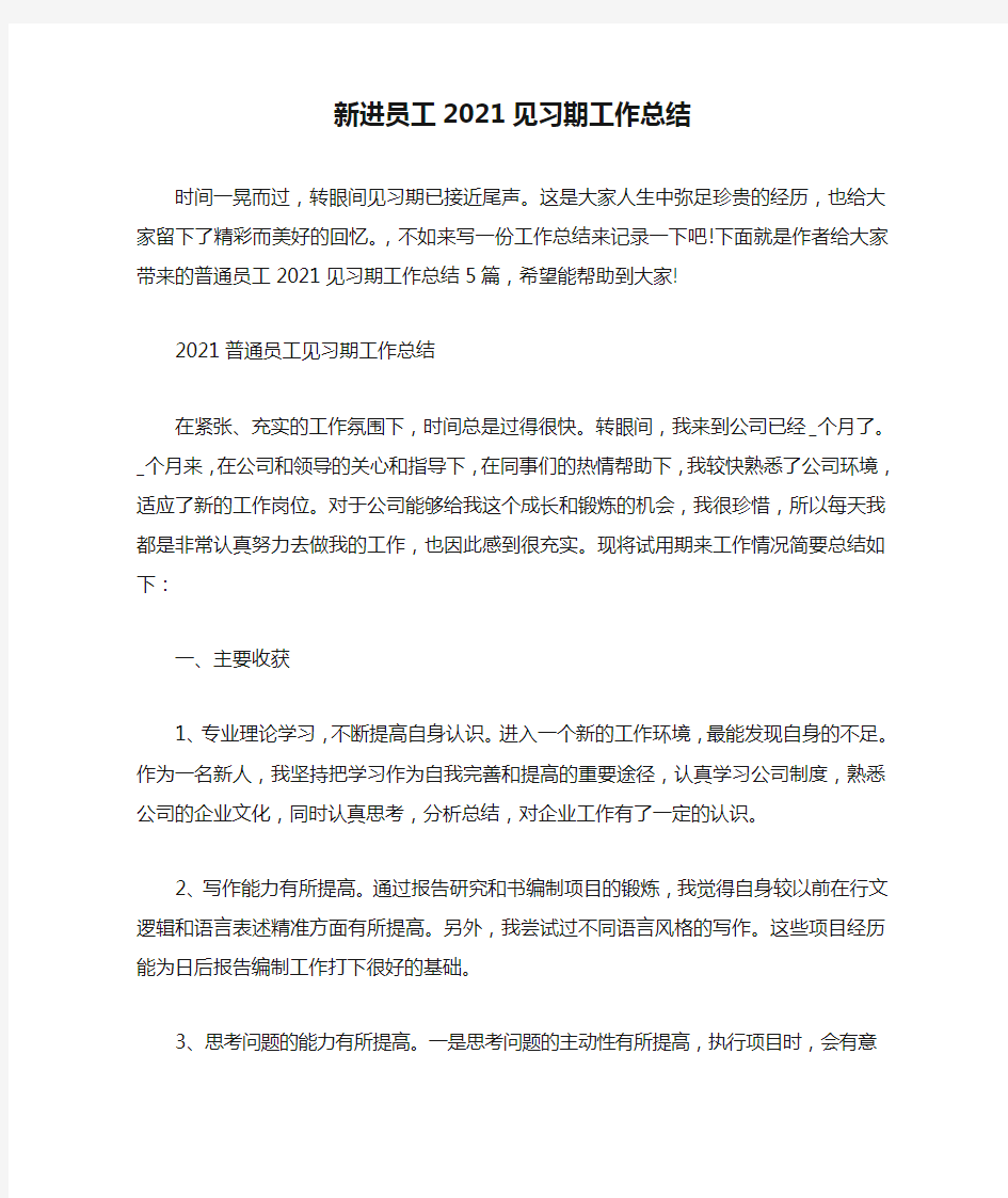 新进员工2021见习期工作总结