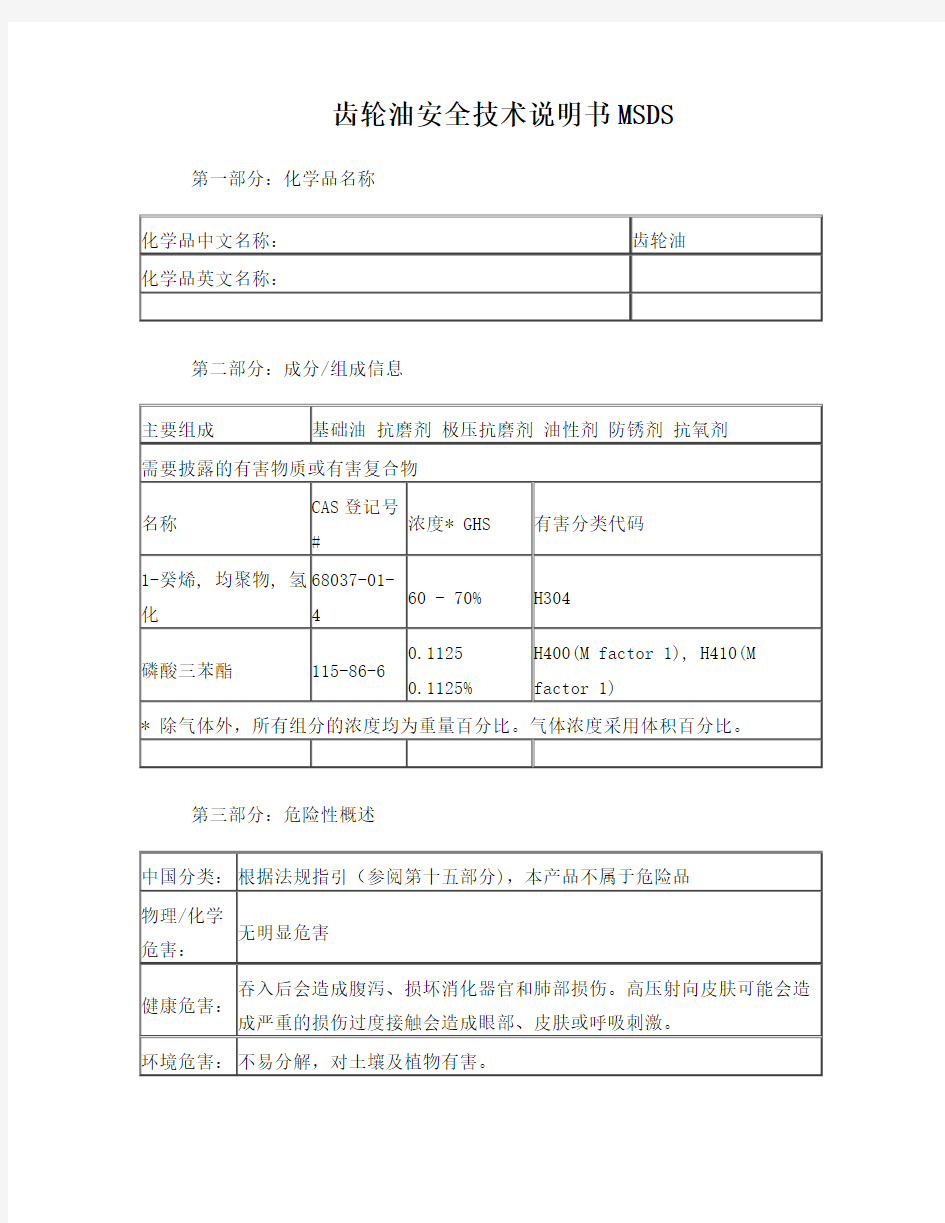 齿轮油安全技术说明书(MSDS)