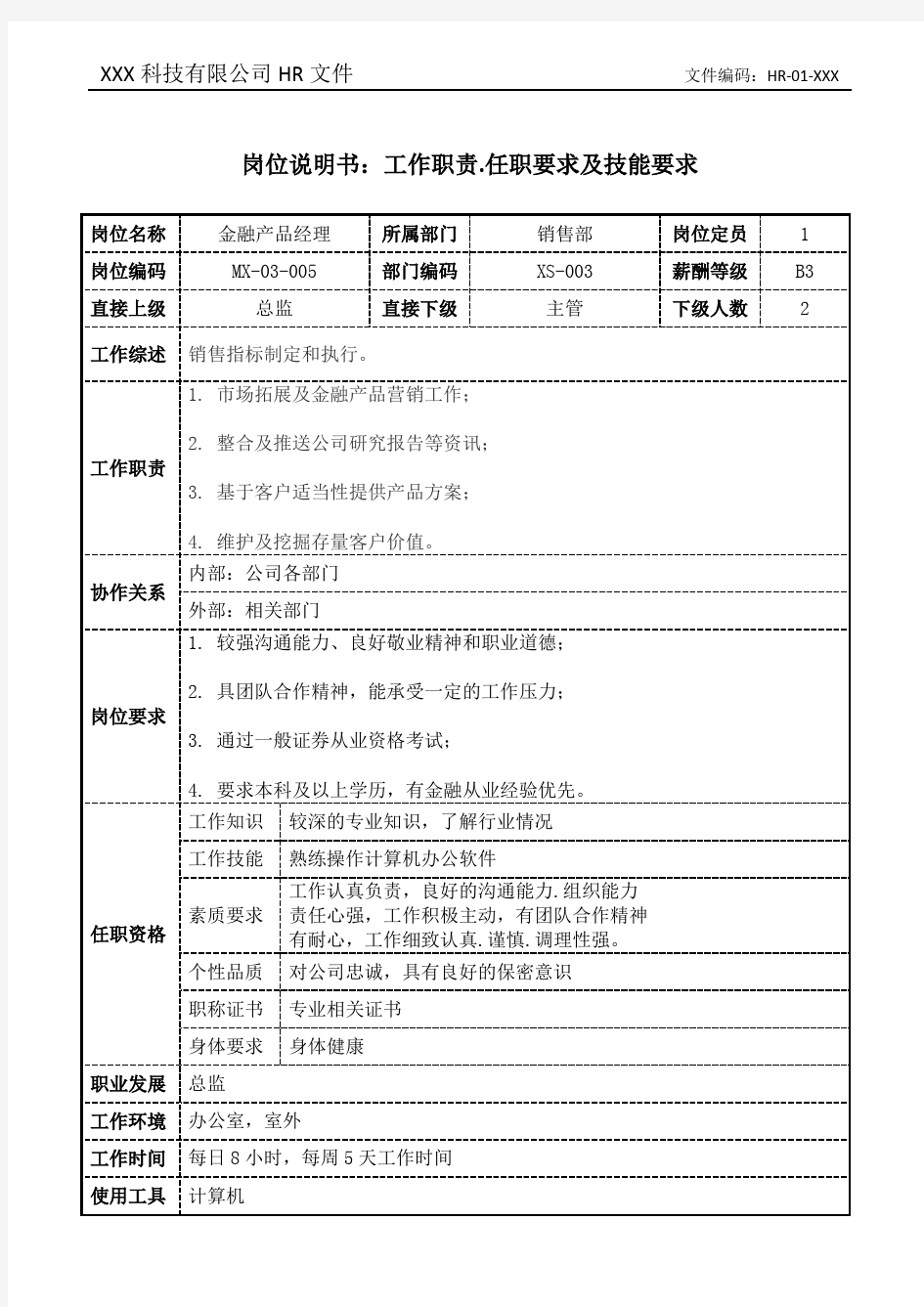 金融产品经理岗位说明书工作职责和任职要求