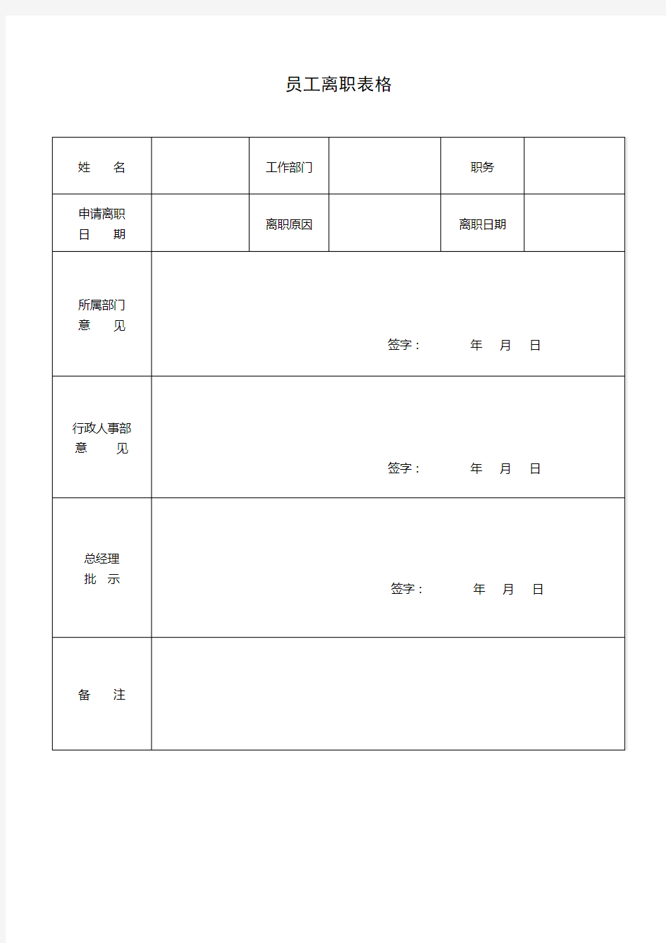 员工离职表格