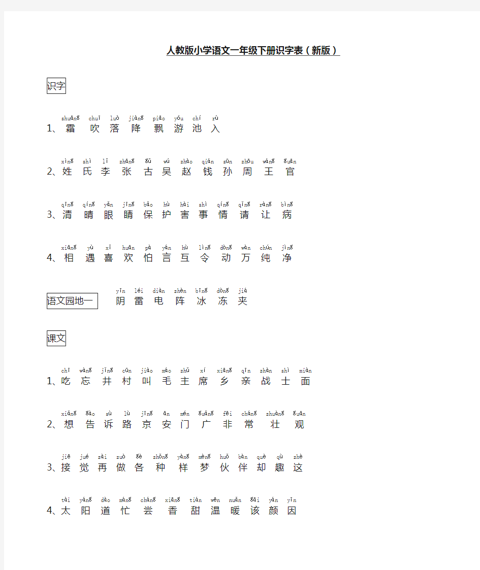 (word完整版)人教版小学语文一年级下册识字表(新拼音版)