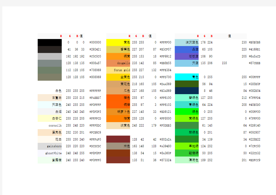 常用RGB颜色表及配色方案