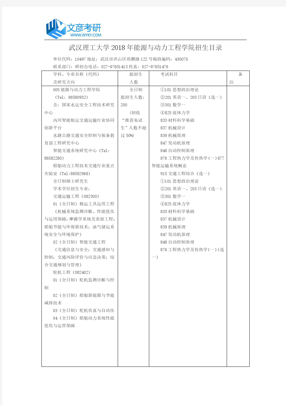 武汉理工大学2018年能源与动力工程学院招生目录_武汉理工大学考研网