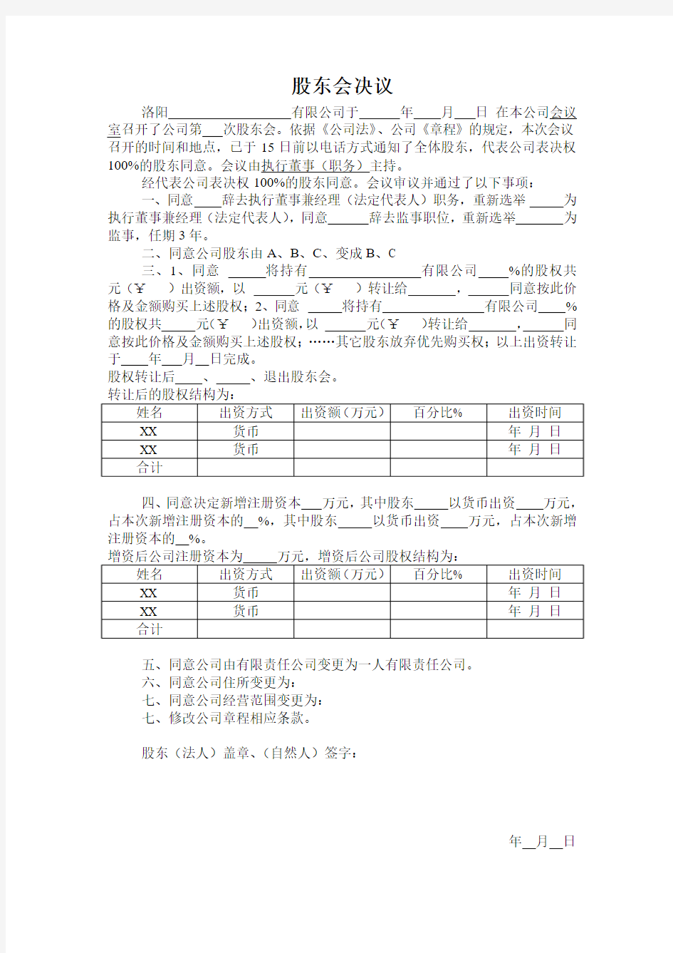 公司登记变更模板