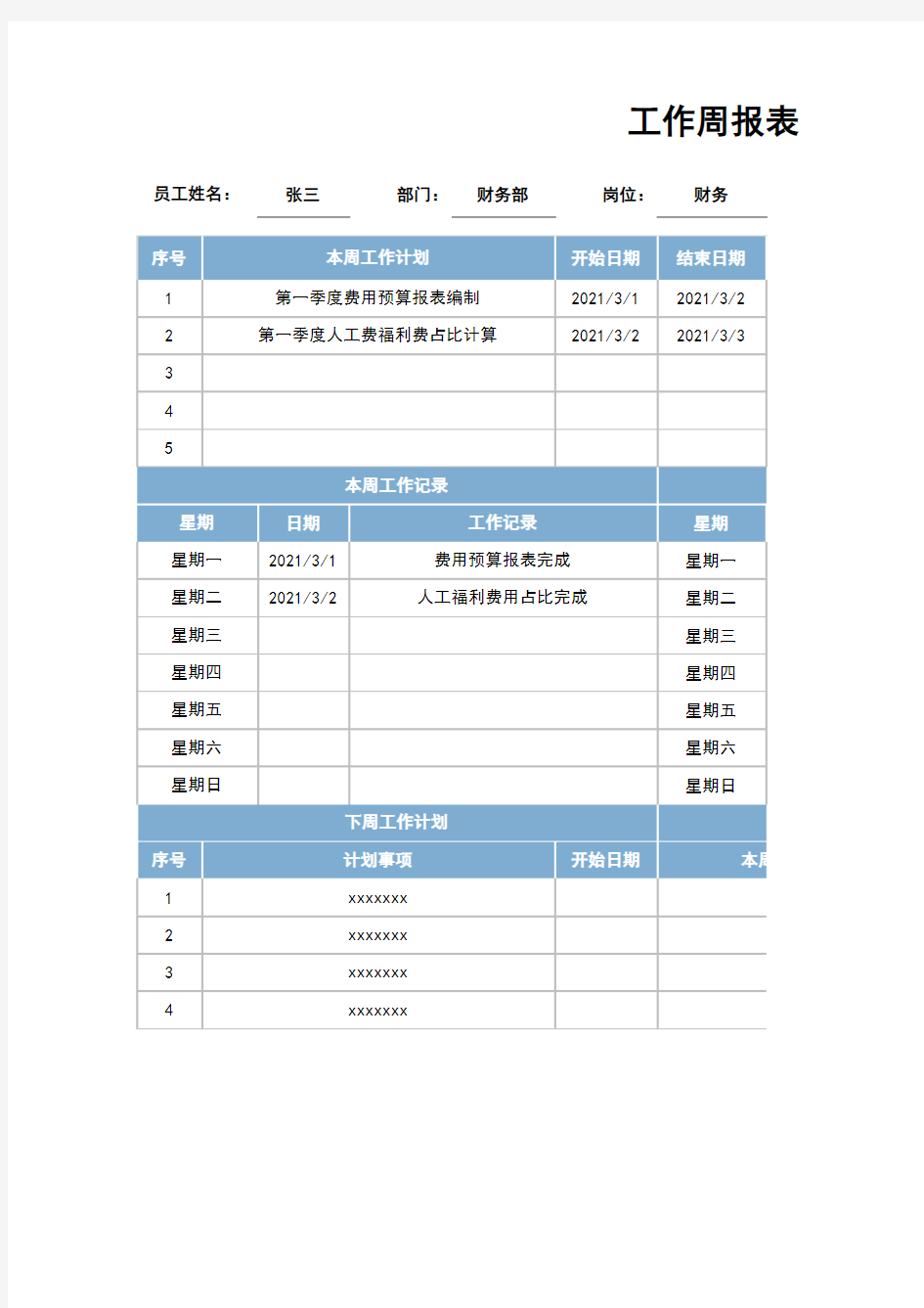 工作周报表(工作计划表)