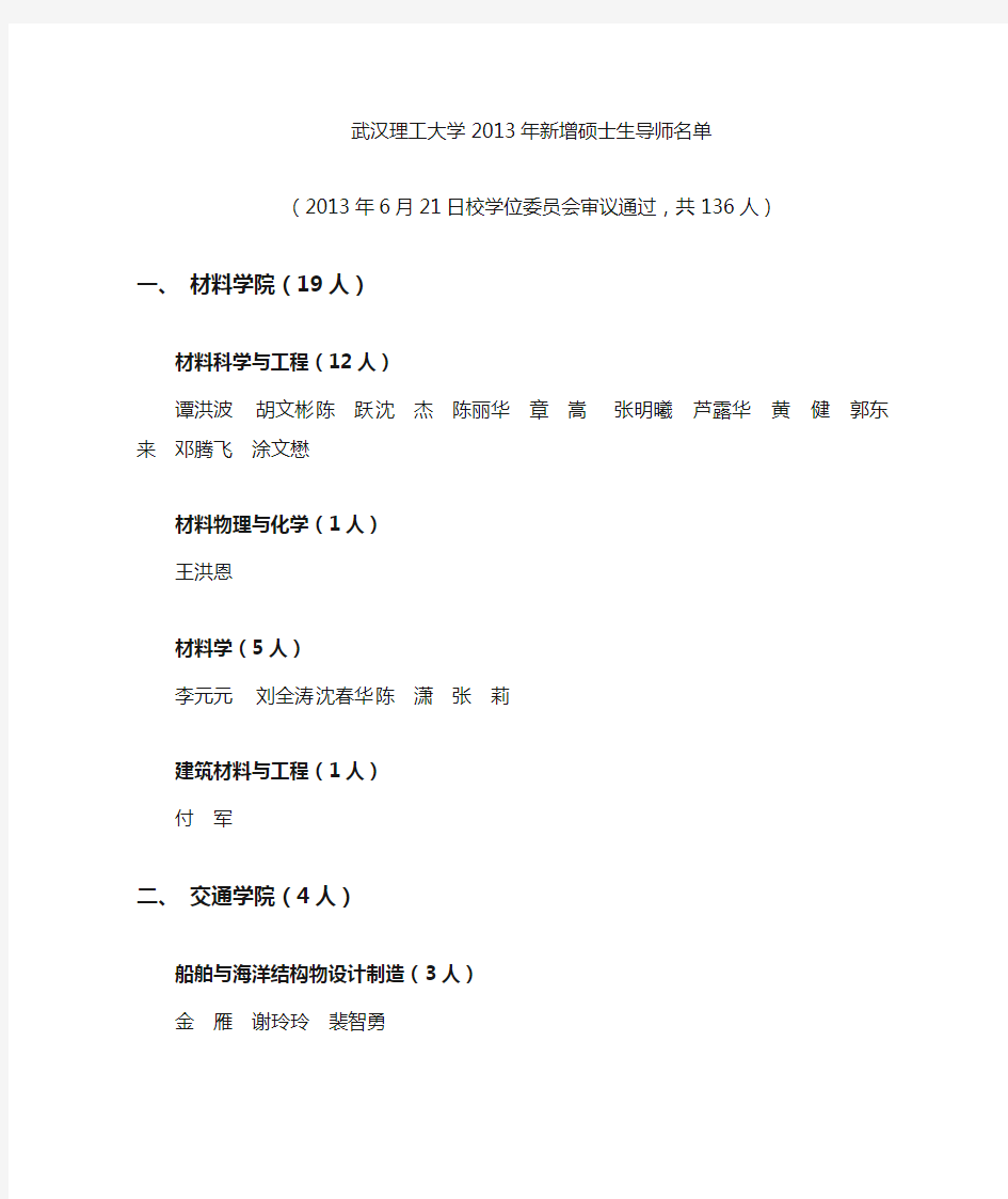 武汉理工新增导师名单