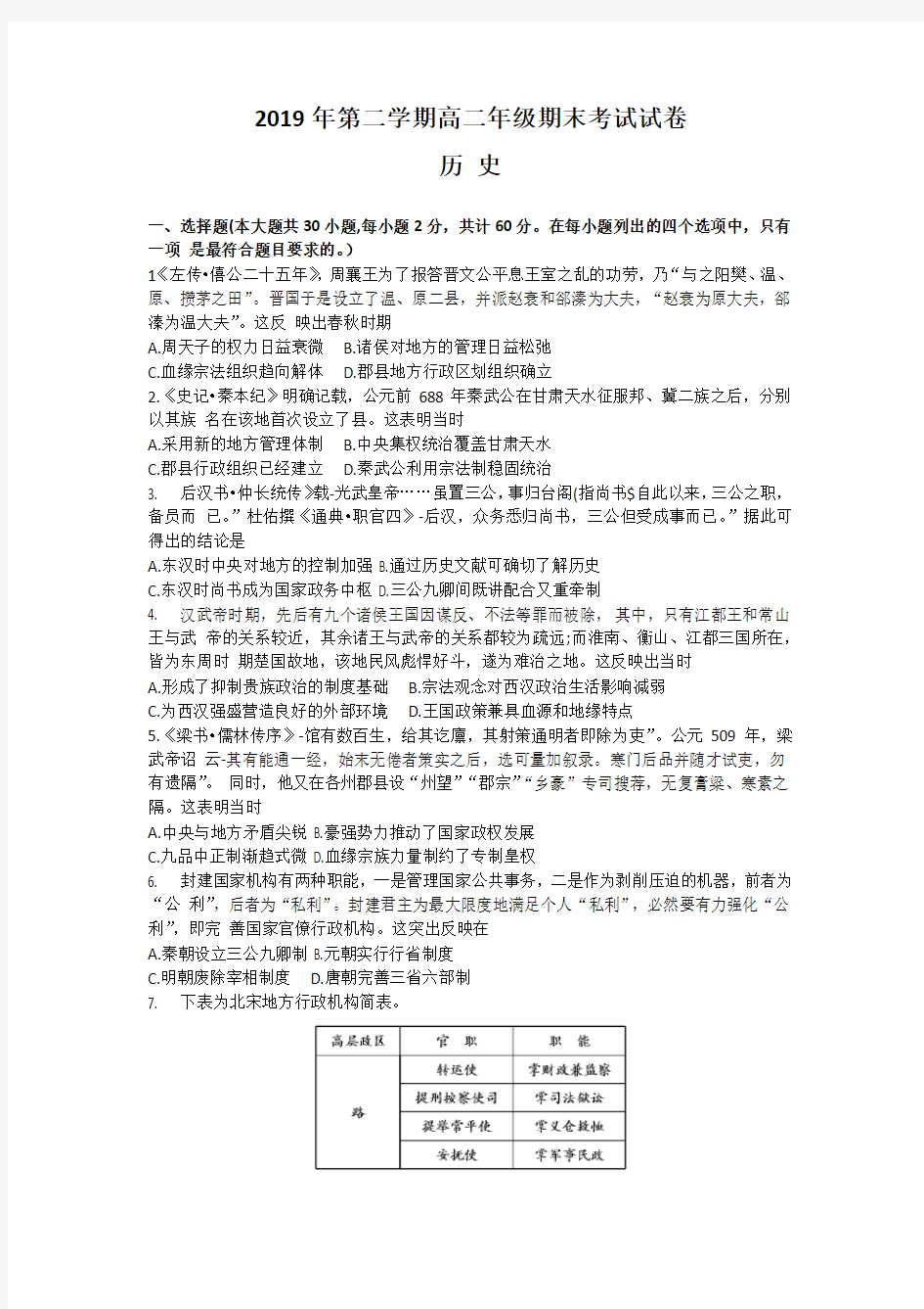 2019届安徽省毛坦厂中学高二下学期期末考试历史(word版 无答案)