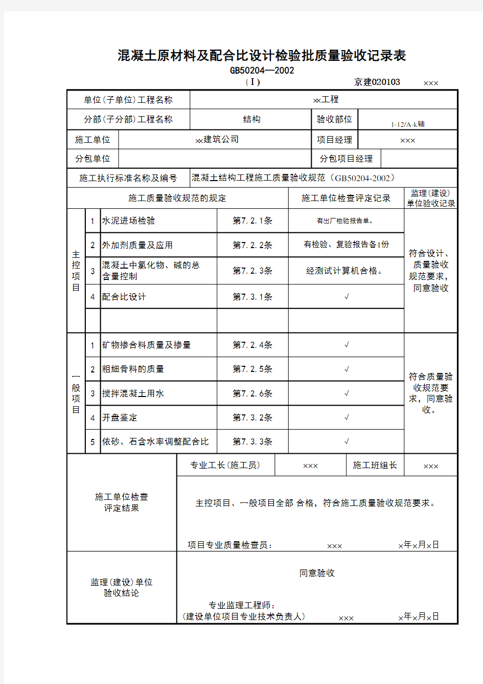 混凝土原材料及配合比设计检验批