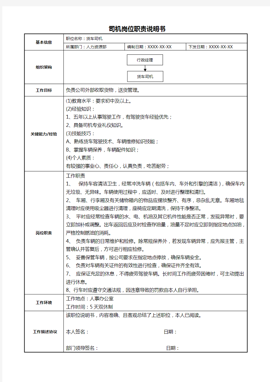 司机岗位职责说明书