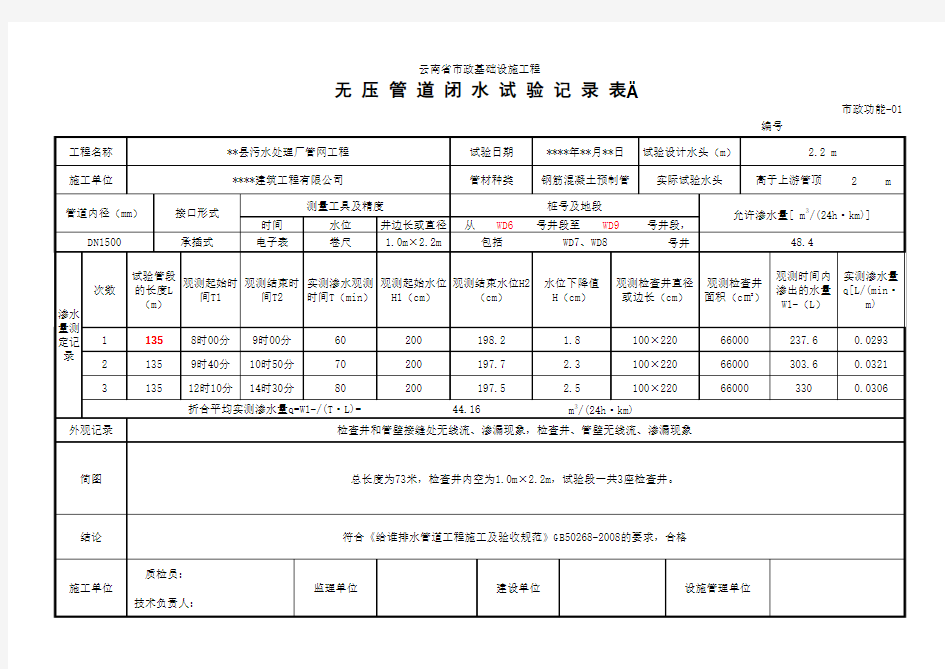 污水闭水试验(计算表)