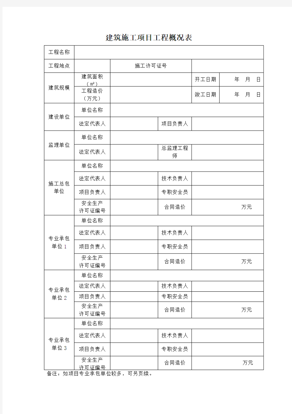 建筑施工项目工程概况表