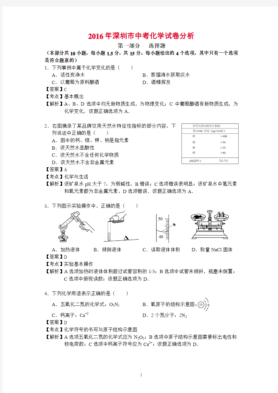 2016深圳中考化学试卷解析