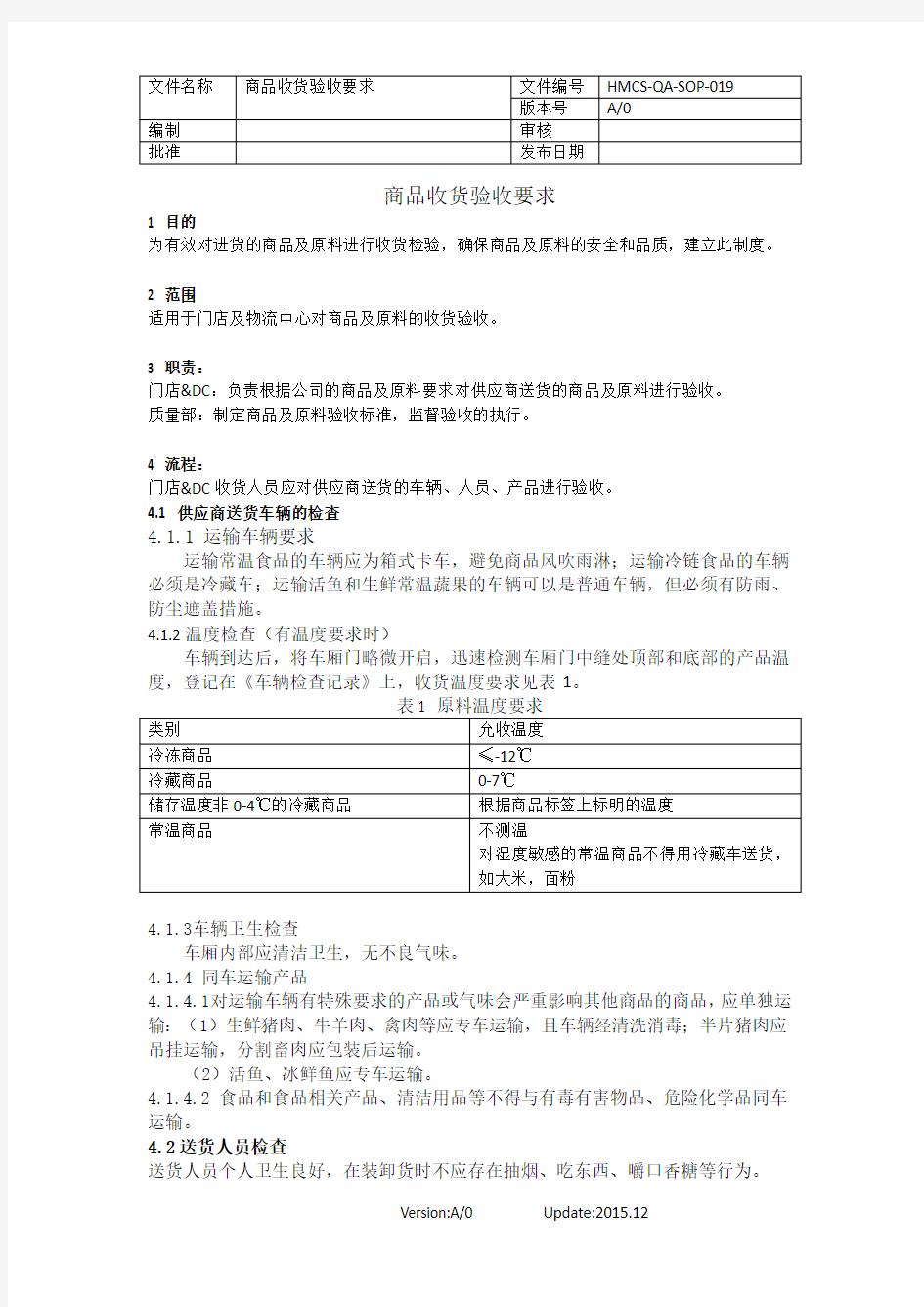 HM-QA-SOP-019商品收货验收要求  门店版