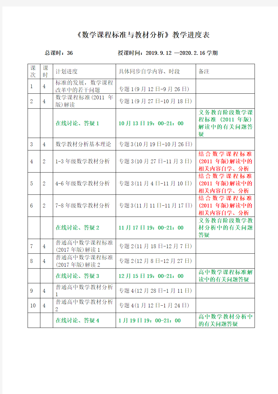 《数学课程标准与教材分析》教学进度与教学大纲(3)