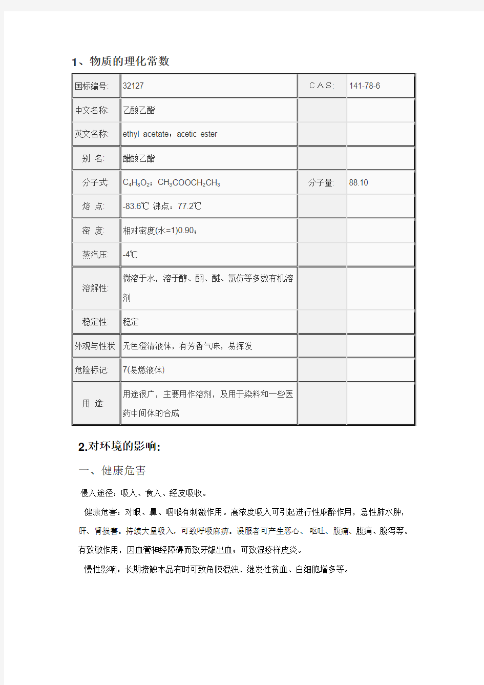 MSDS 乙酸乙酯