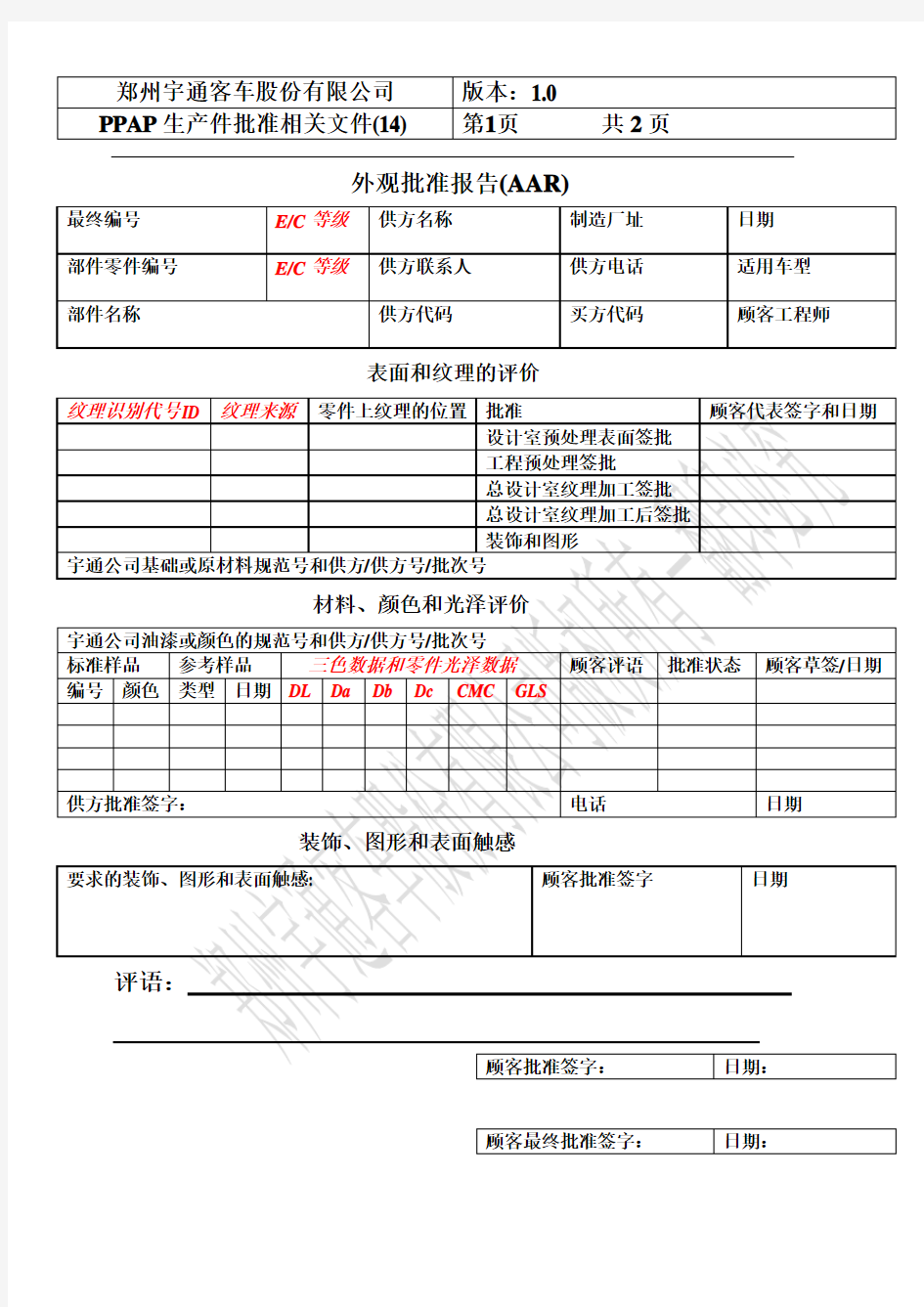 外观批准报告(AAR)