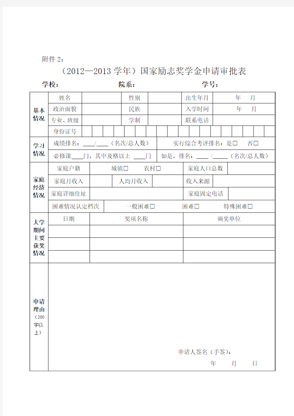 附表11国家励志奖学金申请审批表2012年版(正反面打印)