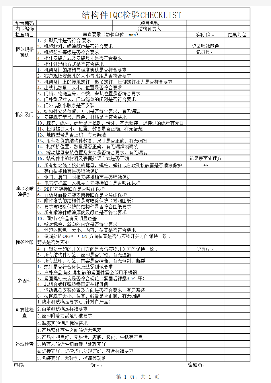 结构件检验 CHECKLIST