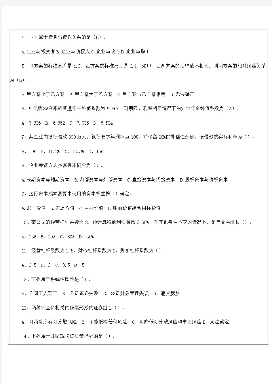 重庆工学院财务管理考试试卷及答案