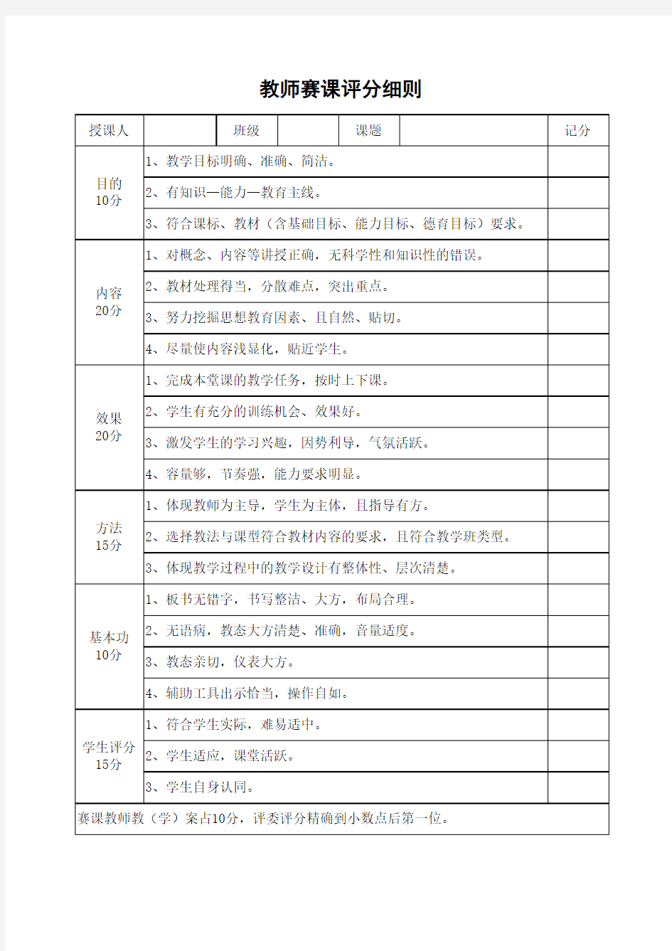 教师赛课评分细则