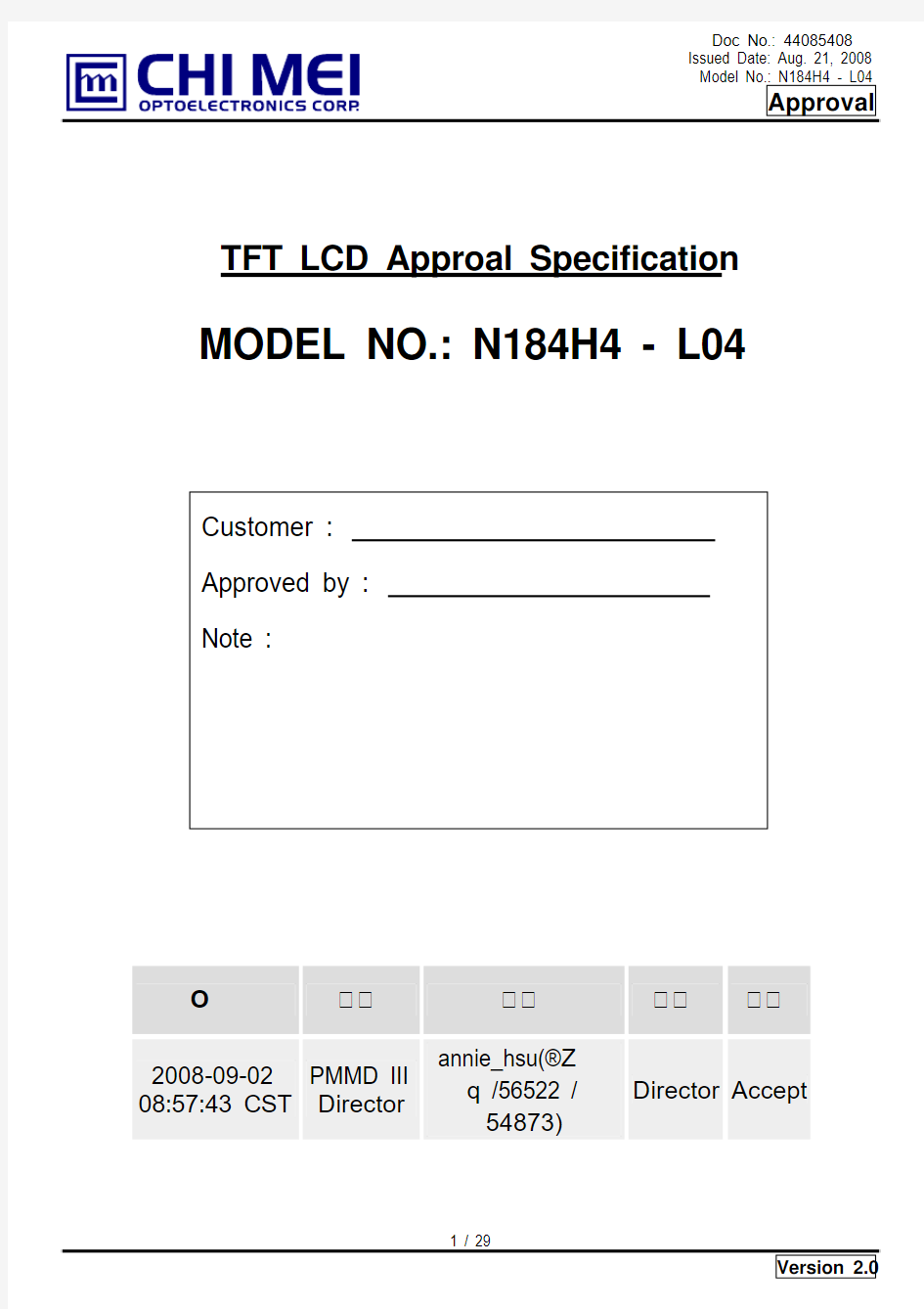TFT-LCD Approval Specification N184H4-L04 ver 2.0