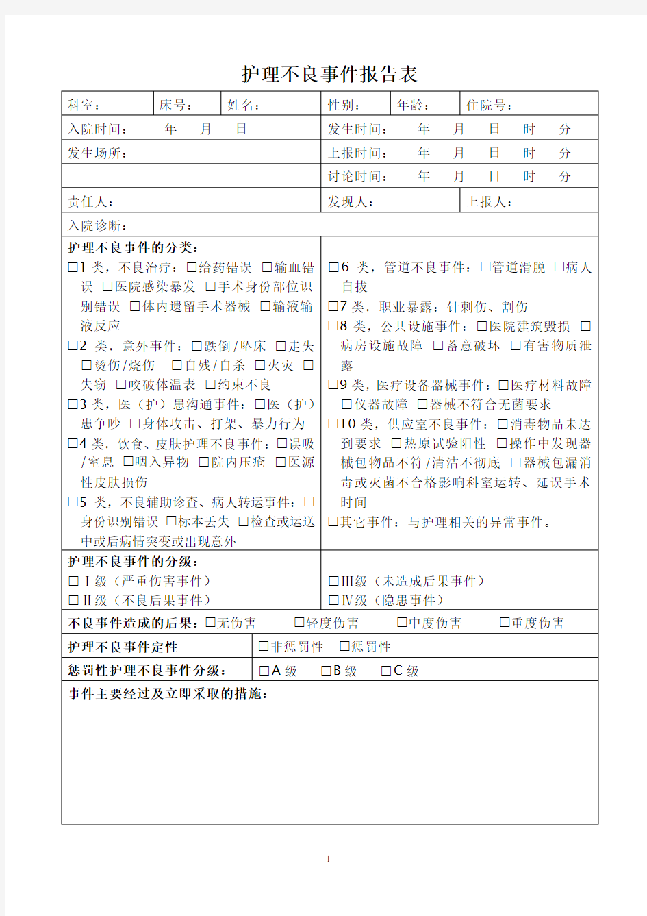 最新护理不良事件报告表