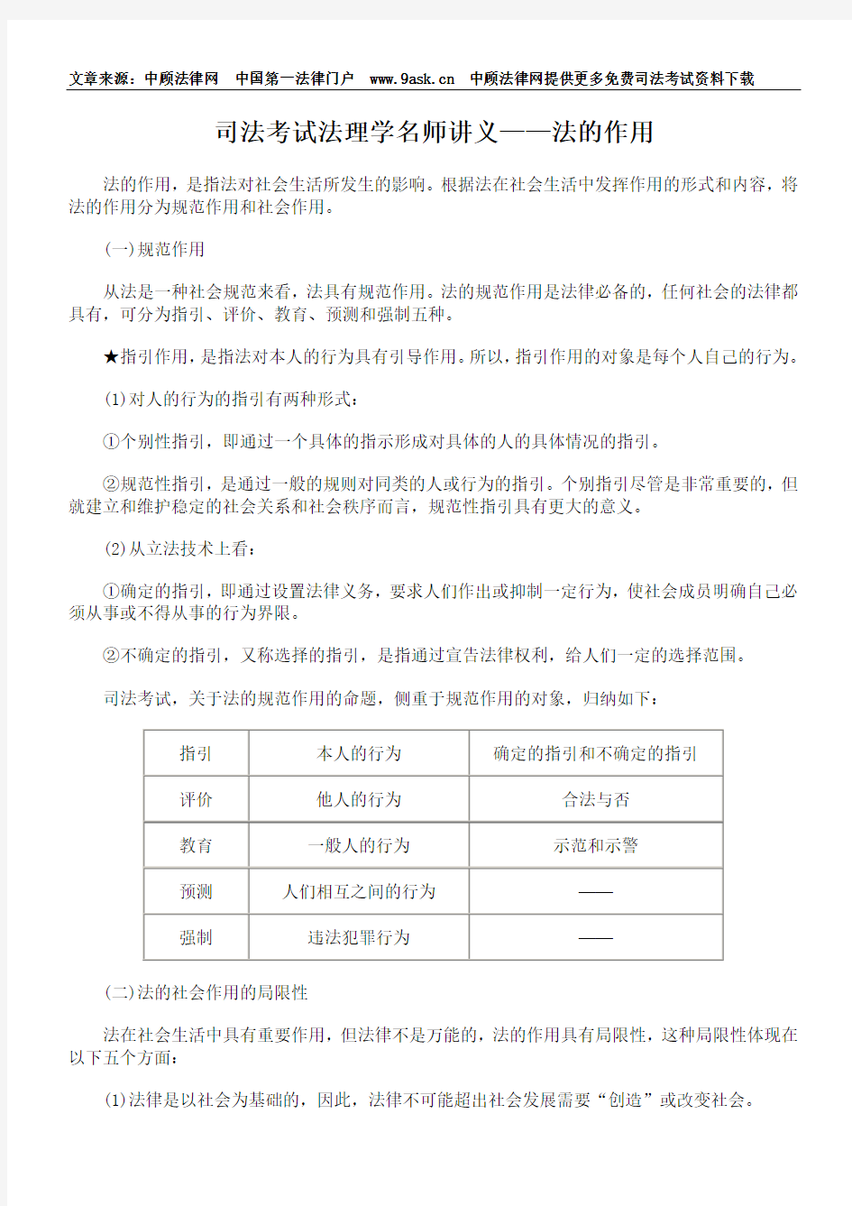 司法考试法理学名师讲义——法的作用